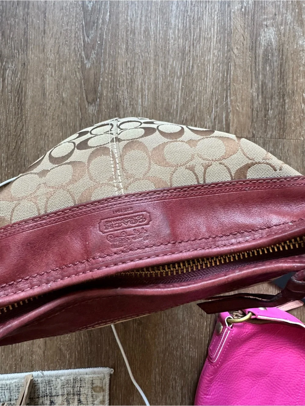 Coach Signature Canvas Bucket Bag with Burgundy Leather Trim
